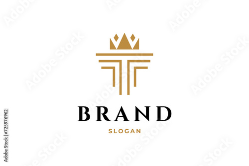 Pillar icon flat vector logo design with luxury crown combination