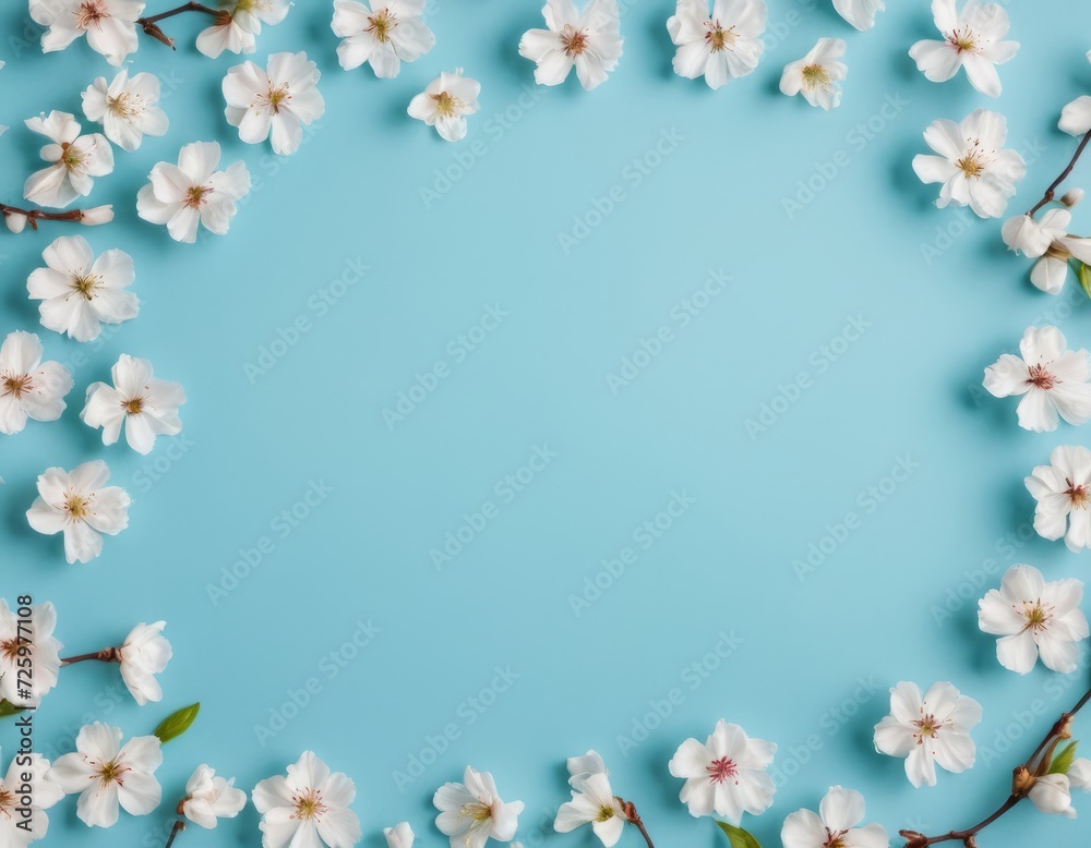 Spring Sakura floral composition. Frame of white daisy flowers on a blue pastel background. For cards, invitations and design. Flat layout, top view, copy space