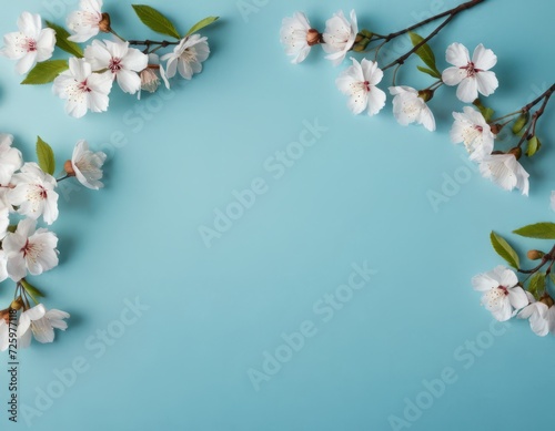 Spring floral composition. Frame of white sakura flowers on a blue pastel background. For cards, invitations and design. Flat layout, top view, copy space