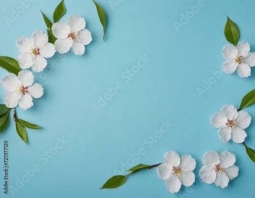 Spring floral composition. Frame of white sakura flowers on a blue pastel background. For cards, invitations and design. Flat layout, top view, copy space © Pink Zebra