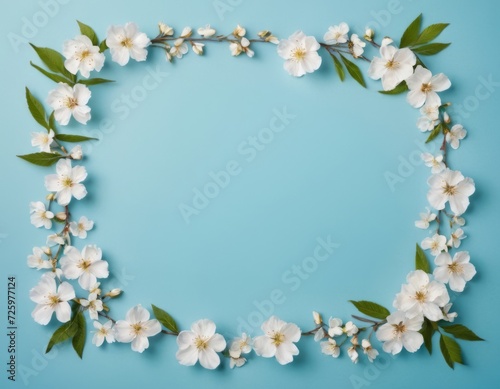 Spring floral composition. Frame of white sakura flowers on a blue pastel background. For cards, invitations and design. Flat layout, top view, copy space