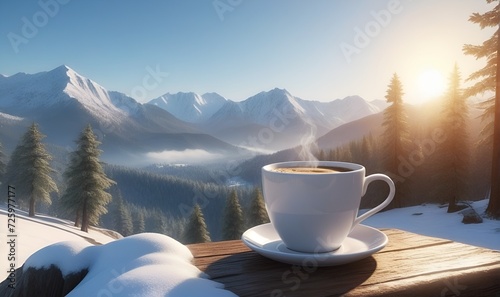 a cup of coffee on a wooden board, against a background of forest and snow-covered mountains.