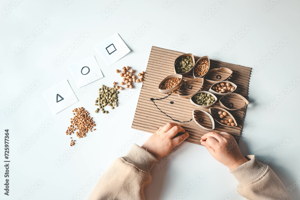 Fototapeta premium Montessori and Sensory Development, A child plays with natural materials and sorts cereals