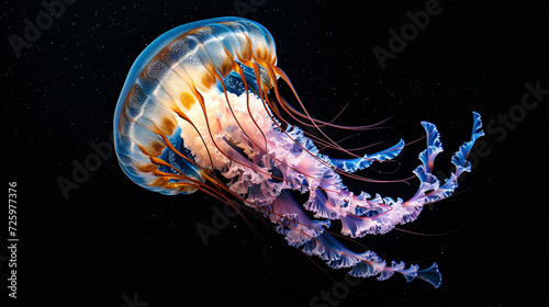 A mesmerizing photo capturing the vibrant colors of a jellyfish, gracefully floating in the depths of the ocean. Its ethereal beauty stands out against the black backdrop, creating a captiva