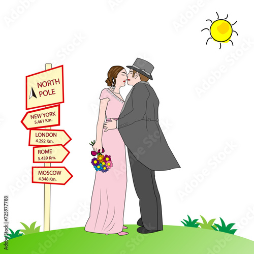 Paisaje con pareja de novios recién casados besándose.