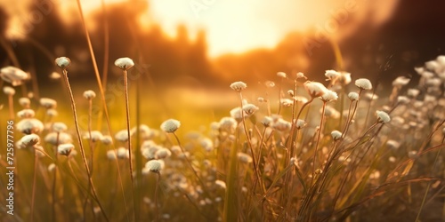 minimalistic design Dream fantasy soft focus sunset field landscape of white flowers and grass meadow