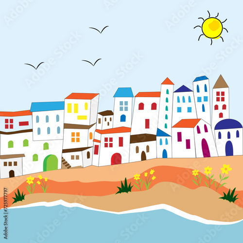 Paisaje con casas a orillas del mar.