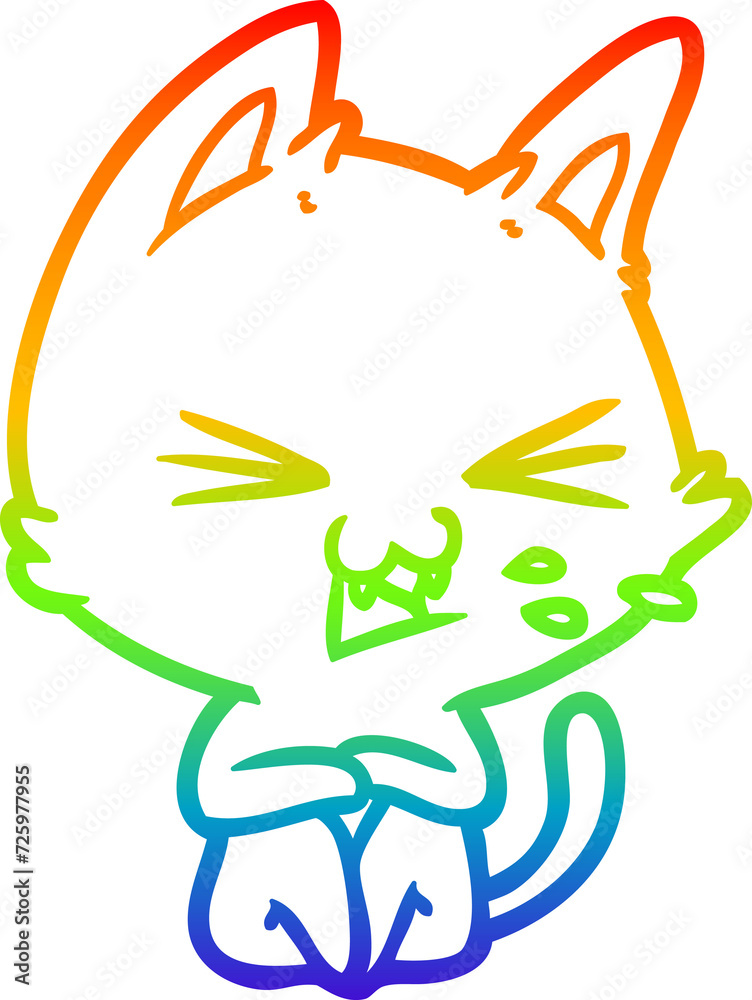 Fototapeta premium rainbow gradient line drawing cartoon cat hissing