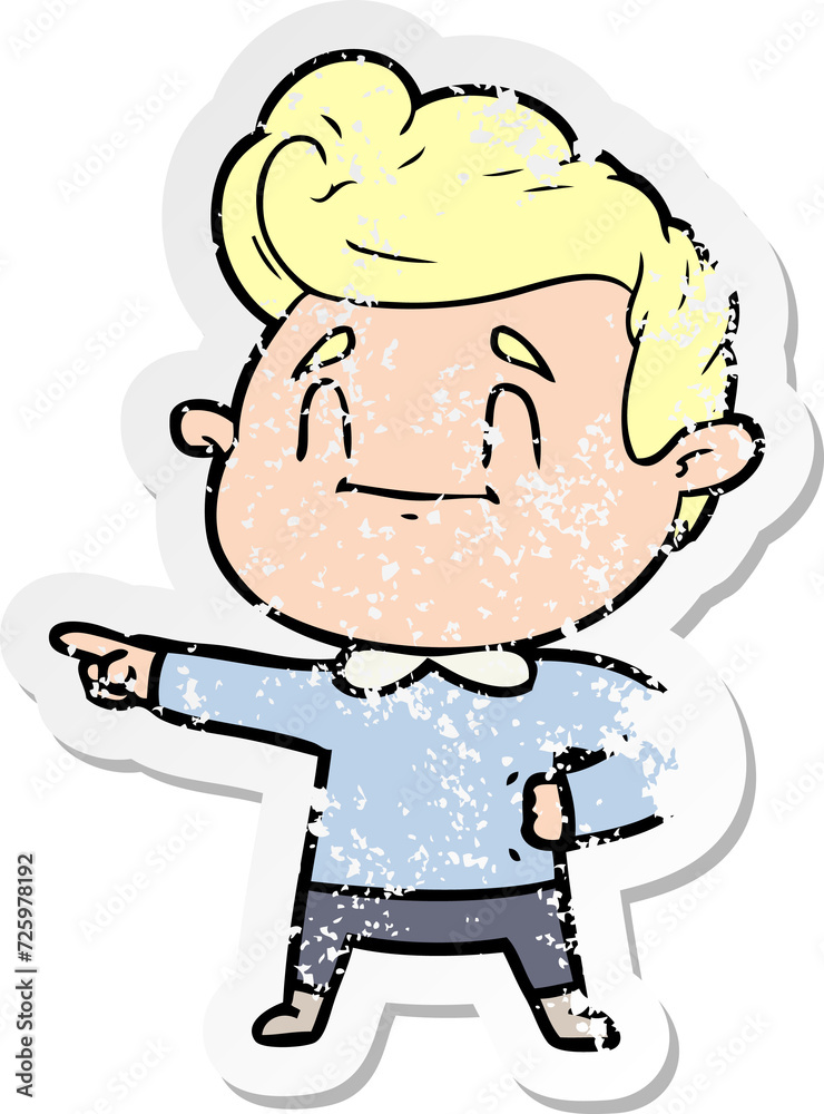 distressed sticker of a happy cartoon man pointing distressed sticker of a happy cartoon man pointing