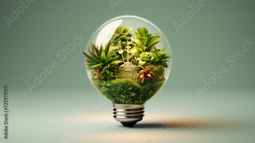 Energy saving light bulb and tree growing on the ground on bokeh nature background. Saving, accounting and financial concept Idea of renewable energy and saving energy.