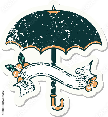 grunge sticker with banner of an umbrella