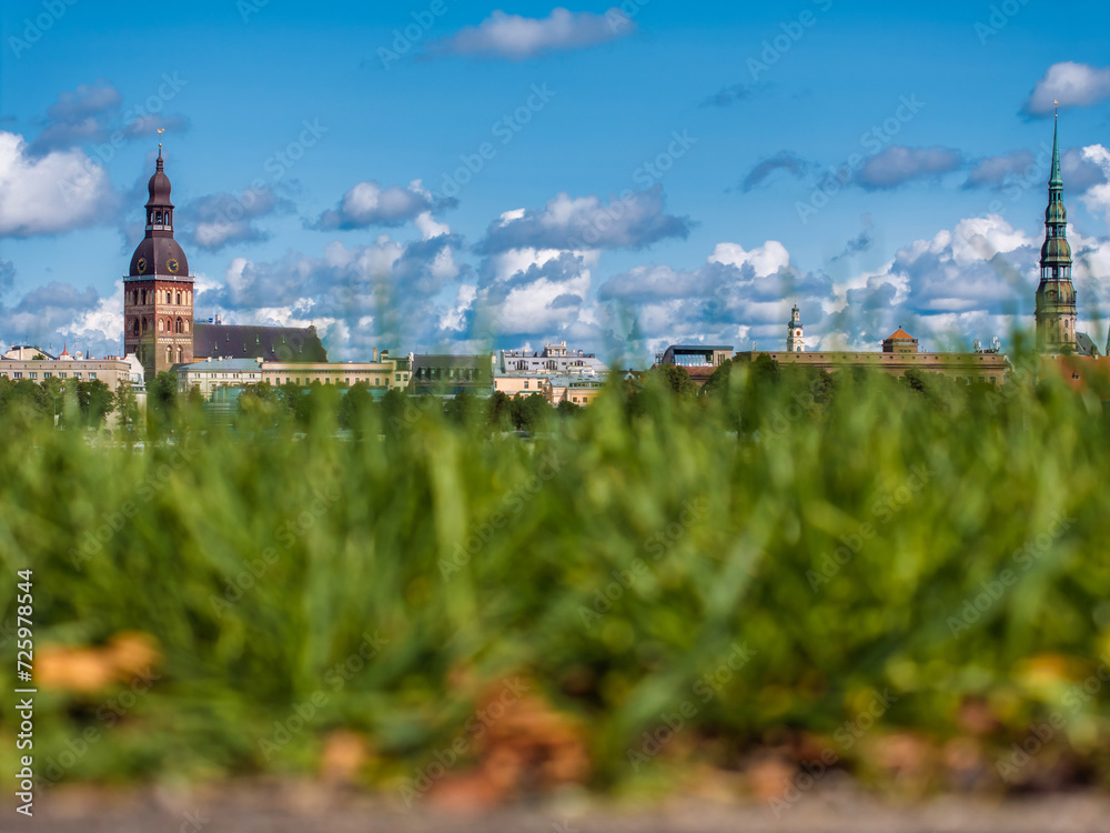 Beautiful aerial Riga view from above. Panoramic view of the Riga old town, the capital of Latvia.