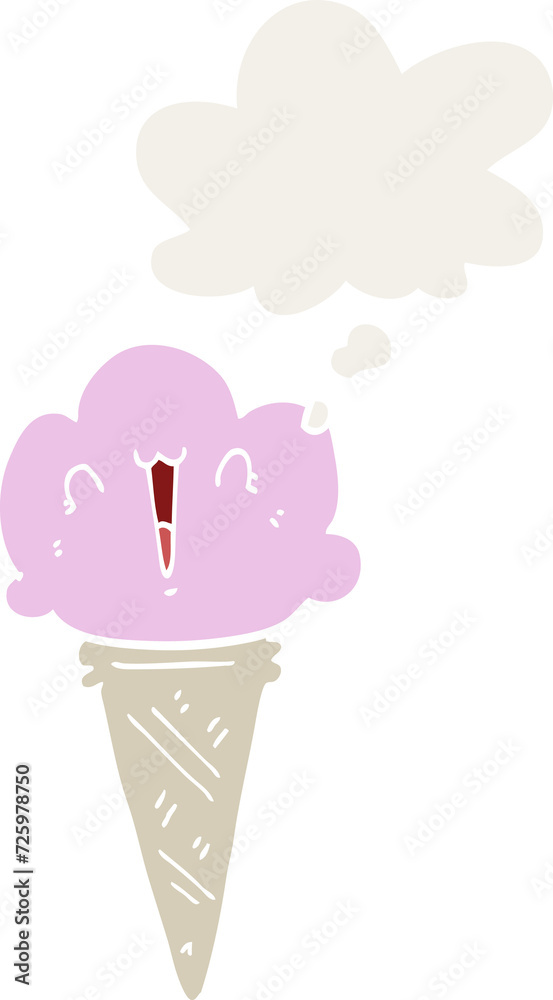 cartoon ice cream with face and thought bubble in retro style