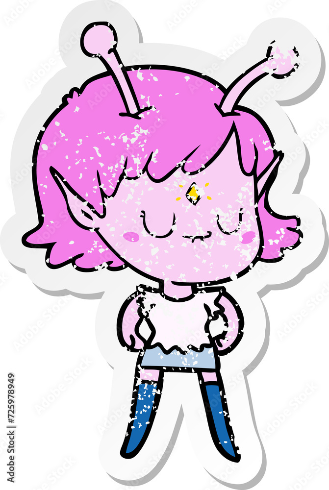 distressed sticker of a cartoon alien girl