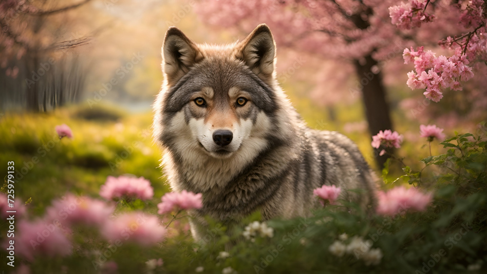 Wolf with spring flowers closeup