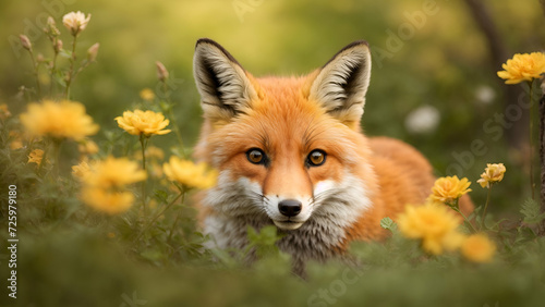 Fox with spring flowers closeup