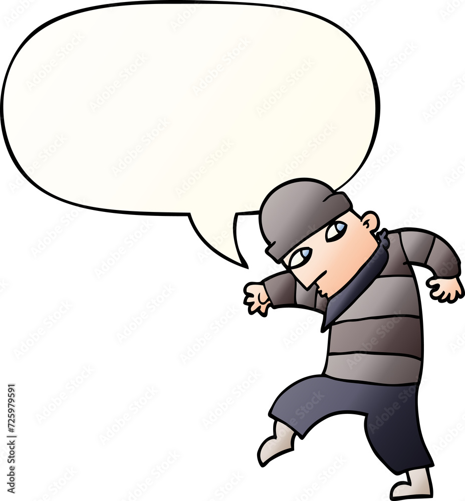cartoon sneaking thief and speech bubble in smooth gradient style
