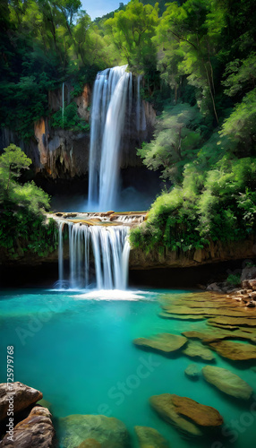 Waterfall. Turquoise Water. Crystal Pool. Nature. Scenic. Cascading. Tranquil. Landscape. Clear Water. Serene. Idyllic. Natural Beauty. Refreshing. Turquoise Cascade. Aquatic Paradise. AI Generated.