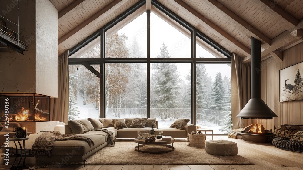 cozy warm home interior of a chic country chalet with a huge panoramic window overlooking the winter forest. open plan, wood decoration, warm colors and a family hearth cozy warm home interior of a chic country chalet with a huge panoramic window overlooking the winter forest. open plan, wood decoration, warm colors and a family hearth