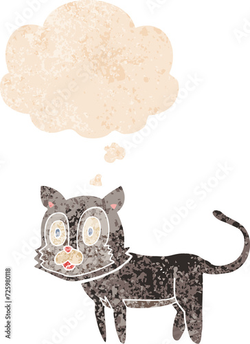 happy cartoon cat and thought bubble in retro textured style