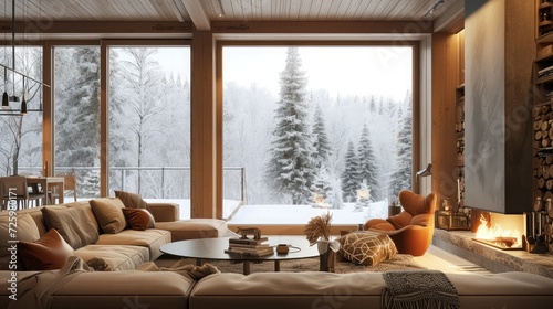 cozy warm home interior of a chic country chalet with a huge panoramic window overlooking the winter forest. open plan  wood decoration  warm colors and a family hearth