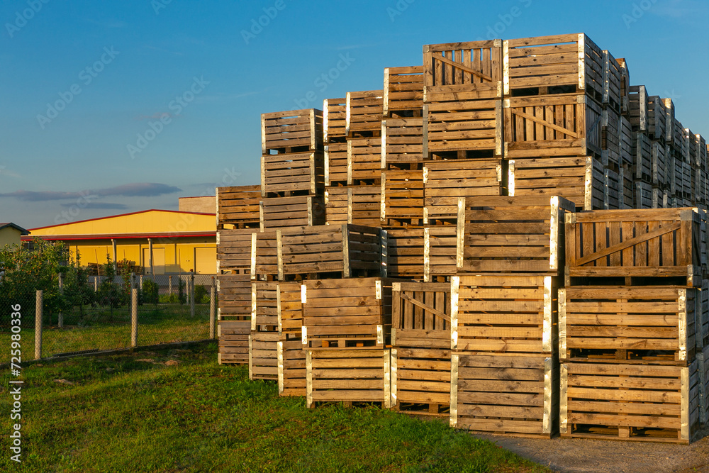 A large stack of wooden boxes for picking apples in an apple orchard. A large stack of wooden boxes for picking apples in an apple orchard.