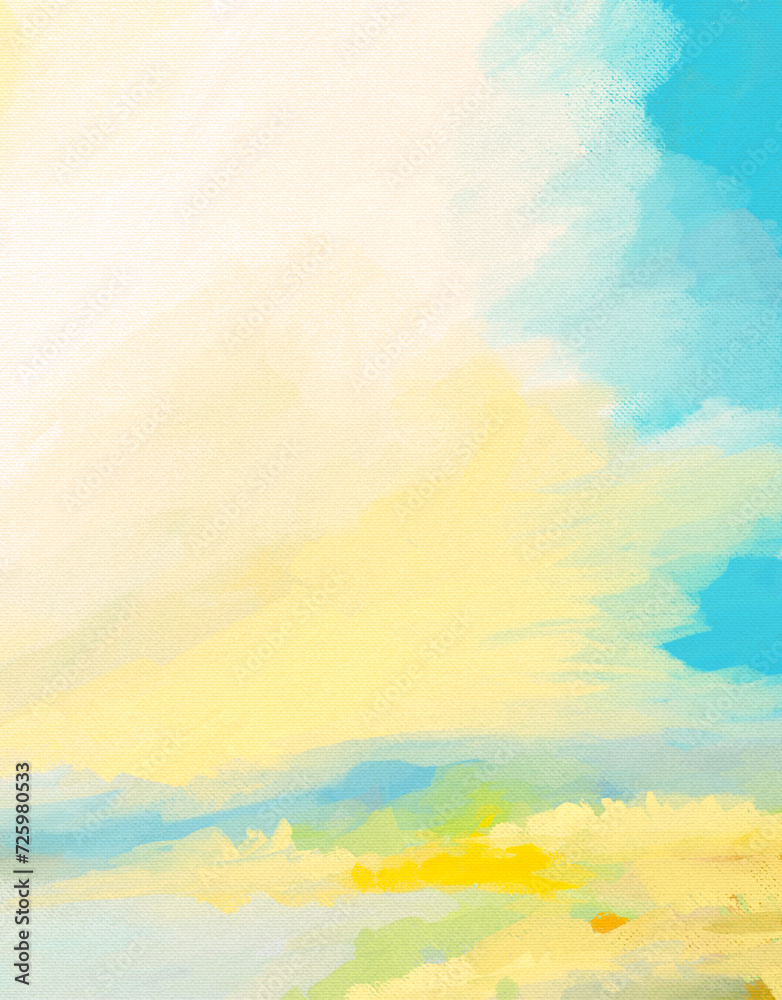 Digital Painting Design or Art of Impressionistic Cloud with Blue Sky & Blooming Meadow Glowing in Soft Yellow & Orange