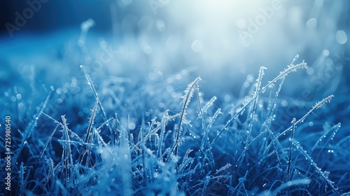 Frosty nature background. Winter landscape with frozen grass in blue toned.