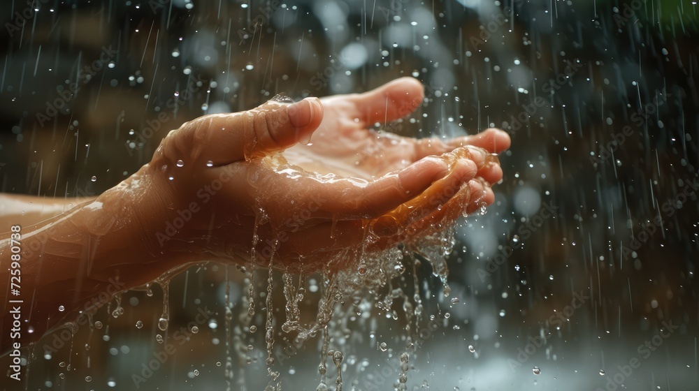 Fototapeta premium hands with splashes of falling rain