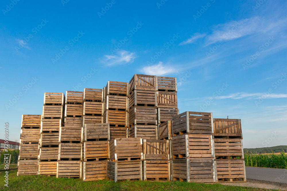 A large stack of wooden boxes for picking apples in an apple orchard.