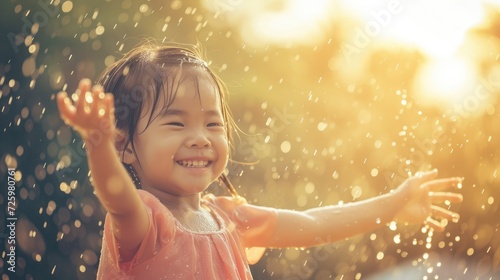 Happy asian little child girl having fun to play with the rain in the evening sunlight in vintage color tone