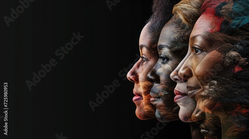 Human face made from portrait of different people of diverse age, gender and race over black background. Concept of social equality, human rights, freedom, diversity, acceptance photo