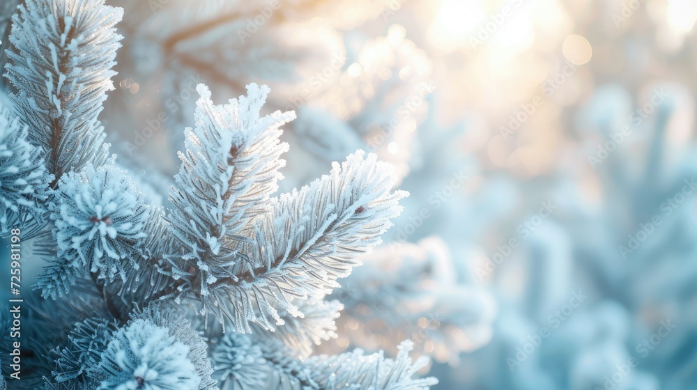 Nature Winter background with snowy pine tree branches, shallow DOF. Pine tree in hoarfrost outdoors in Winter forest, closeup. Beauty in nature. Winter natural Wallpaper, poster