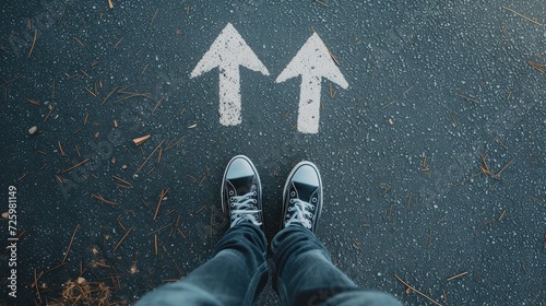man legs in sneakers standing on road with three direction arrow choices, left, right or move forward photo