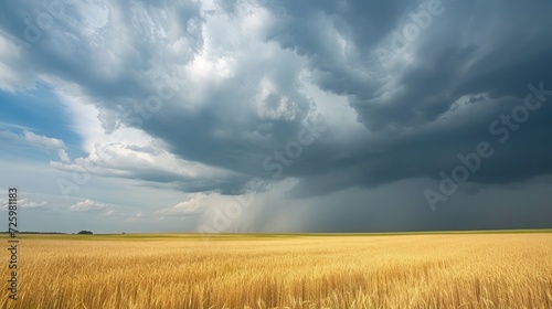 movement of clouds over an agricultural field with wheat. A storm and rain gray cloud floats across the sky with a visible rain band. Heavy rain in the village in summer