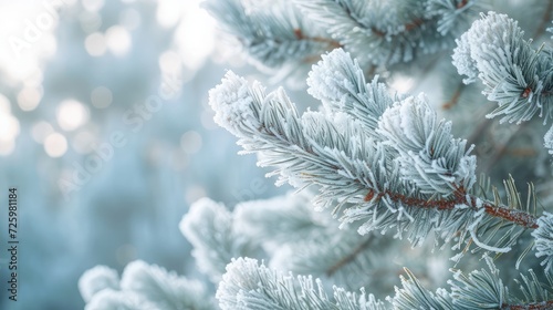 Nature Winter background with snowy pine tree branches, shallow DOF. Pine tree in hoarfrost outdoors in Winter forest, closeup. Beauty in nature. Winter natural Wallpaper, poster