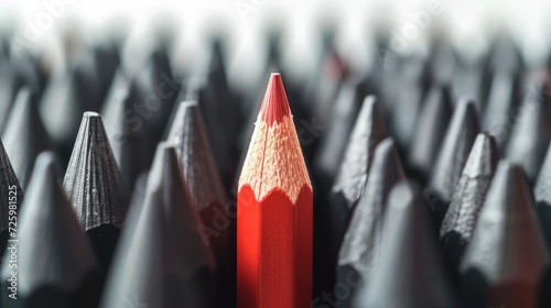 Red pencil standing out from crowd of plenty identical black fellows on white table. Leadership, uniqueness, independence, initiative, strategy, dissent, think different, business success concept photo