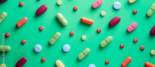 Arranged pills in various colors on green backdrop captured from above.