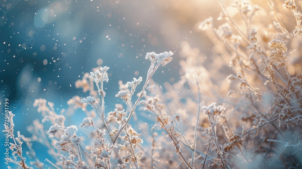 Winter atmospheric landscape with frost-covered dry plants during snowfall. Winter Christmas backgroun