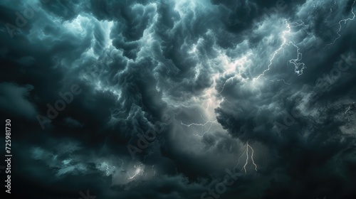 Thunderous dark sky with black clouds and flashing lightning. Panoramic view. Concept on the theme of weather  natural disasters  storms  typhoons  tornadoes  thunderstorms  lightning  lightning.