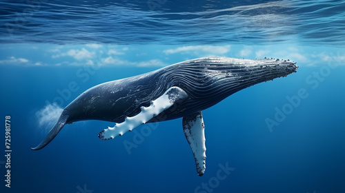 8K Isolated 3D Humpback Whale Swimming (Low Angle). photo