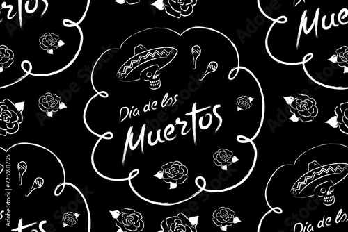 Handwritten text with skull, guitar and maracas. Dia de los muertos - Day of the Dead.