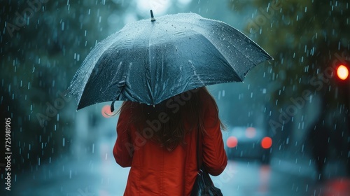 Woman holding an umbrella while it rains.