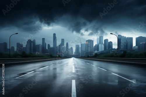 Empty wet road after rain on cityscape background in overcast weather. © Jminka
