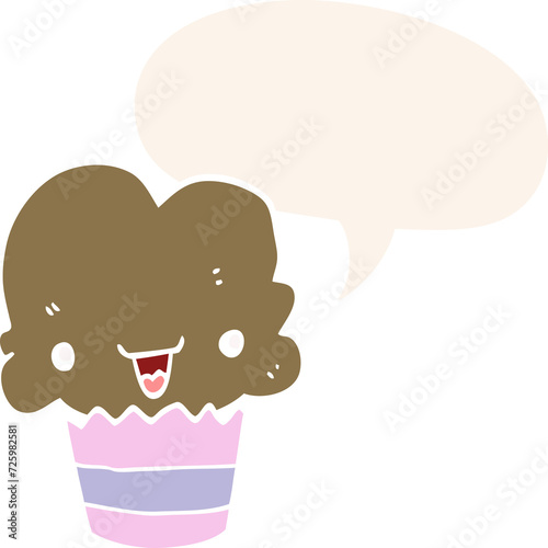 cartoon cupcake and face and speech bubble in retro style