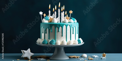 minimalistic design White birthday drip cake with teal ganache photo