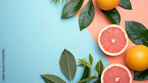 Citros fruits, lemon, grapefruit. Space for balance in a flat plan style. The frame allows for space for copying, but still leaves room for additional text or design elements. photo