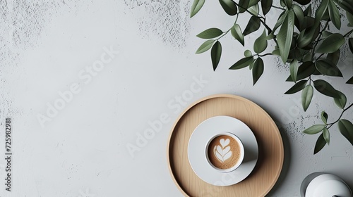 A cup of coffee and a sprig of herbs. Space for balance in a flat plan style. Framed to allow space for copying while providing space for additional text or design elements.