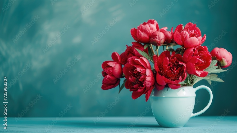 arrangement of red blooming peonies in a cup. A balanced arrangement against a floral blue background, creating a harmonious and visually appealing scene. arrangement of red blooming peonies in a cup. A balanced arrangement against a floral blue background, creating a harmonious and visually appealing scene.