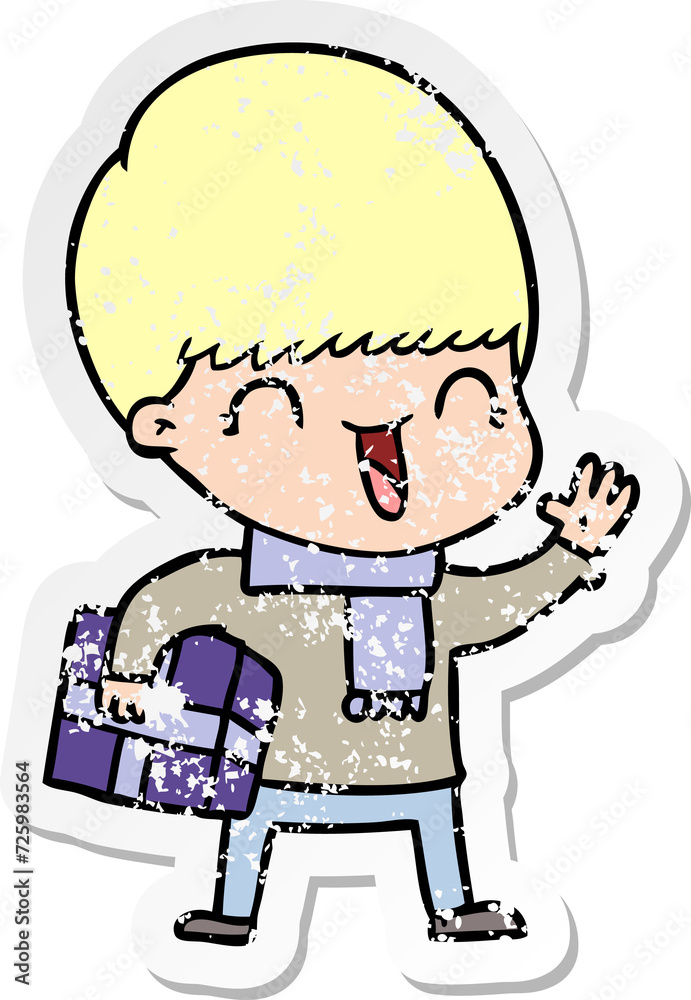 distressed sticker of a happy cartoon boy distressed sticker of a happy cartoon boy